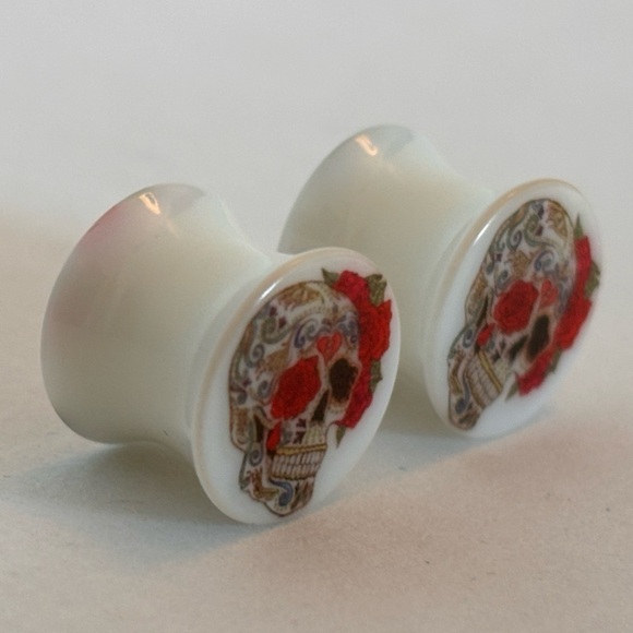 Glow in the Dark Sugar Skull with a Rose Plug Pair - Picture 4 of 7